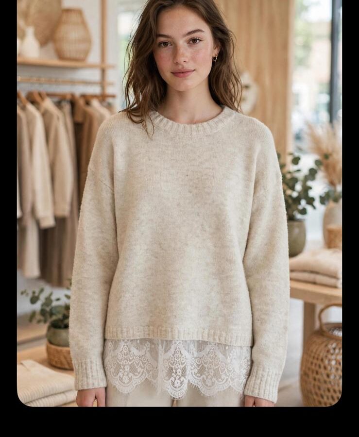JERSEY DE MANGA LARGA  BEIGE CON PUNTILLA EN EL BAJO DEL JERSEY